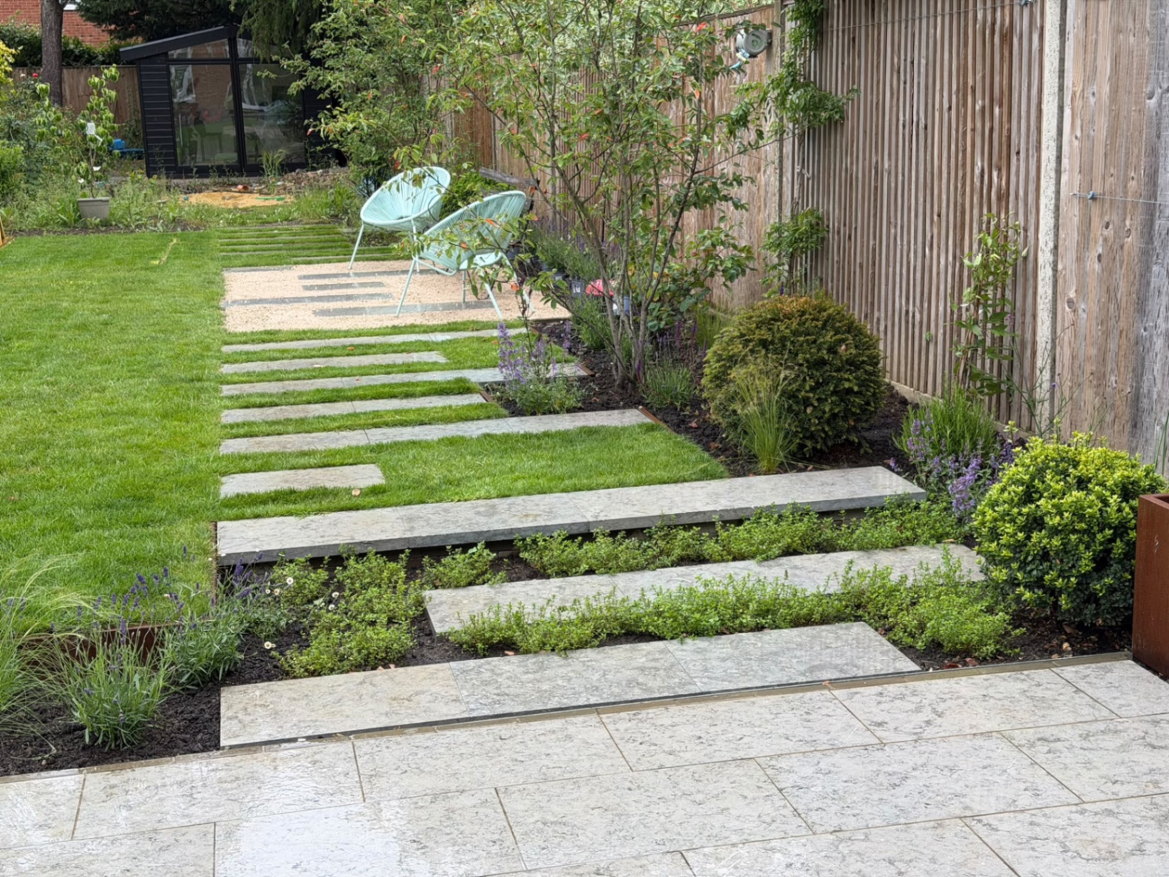 Limestone stepping-stone path through the lawn bordered by corten steel edging and planting